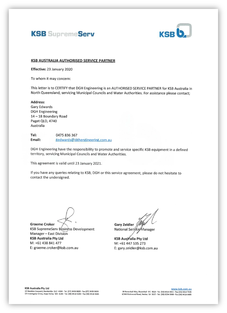 We are now Authorised Service Providers for KSB Australia DGH